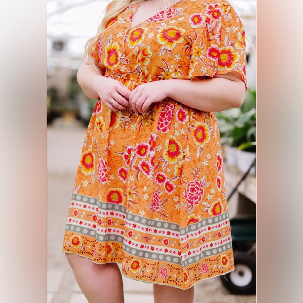 Orange Plus Size Floral Deep V Neck Mini Summer Dress